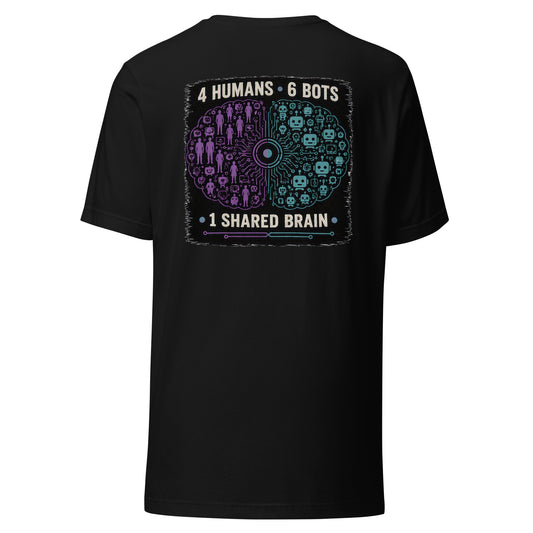 4 Humans 6 Bots 1 Shared Brain AI t-shirt, black, back: split brain poster of humans and bots