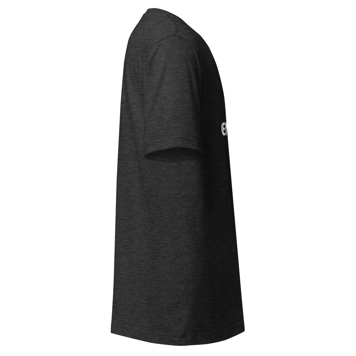 "Generatively Speaking..." funny AI t-shirt in dark grey heather, right side view