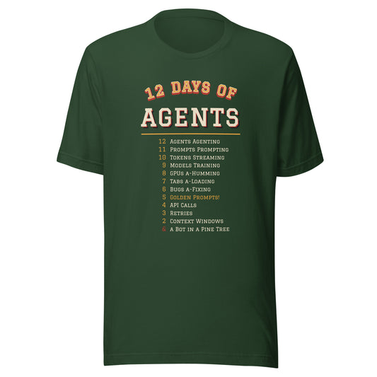 12 Days of Agents varsity Christmas AI t-shirt, forest green, front view