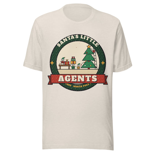 Santa's Little Agents vintage Christmas AI elves tee, heather dust, front: robot agents wrapping presents in Santa's workshop badge