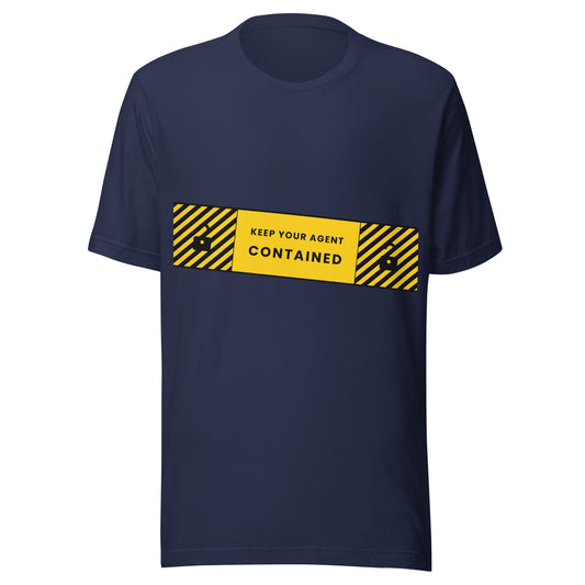 "Keep Your Agent Contained" funny AI t-shirt in navy, front view