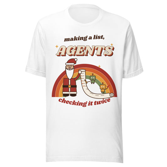 Making a List, Agents Checking It Twice retro Christmas AI tee, white, front: Santa's list checked by two AI agents