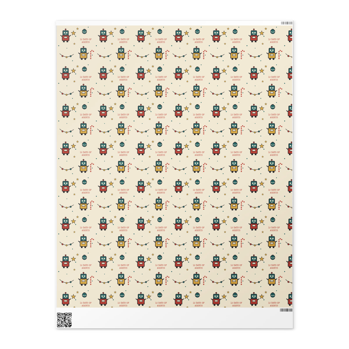 Robot Christmas wrapping paper: robot agents carrying stars, ornaments, lights and candy canes