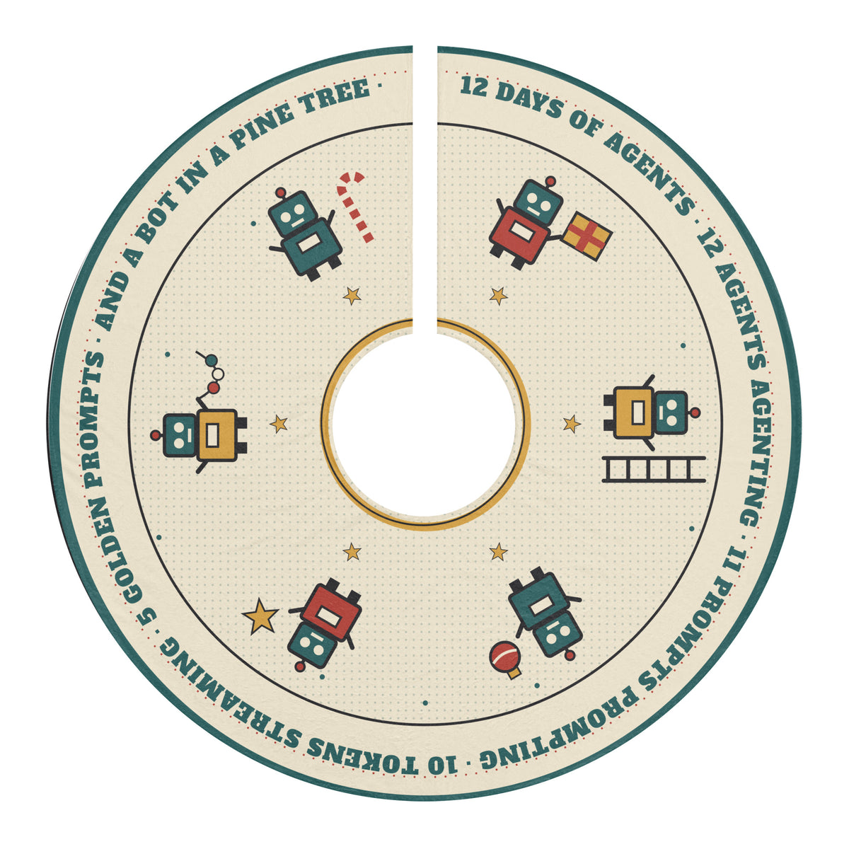 Robot Christmas tree skirt: six robot agents carrying stars, lights, candy canes and gifts on cream fleece
