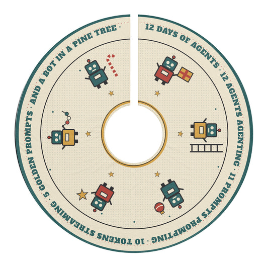 Robot Christmas tree skirt: six robot agents carrying stars, lights, candy canes and gifts on cream fleece