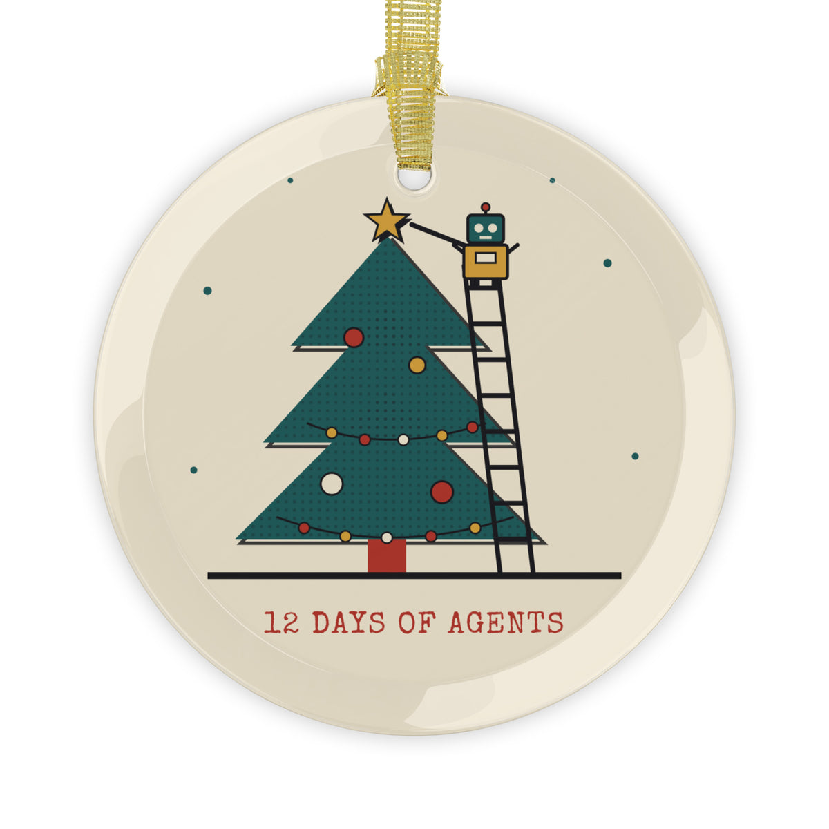 Robot Star glass Christmas ornament: a robot agent on a ladder placing the star on a tree, vintage screenprint style