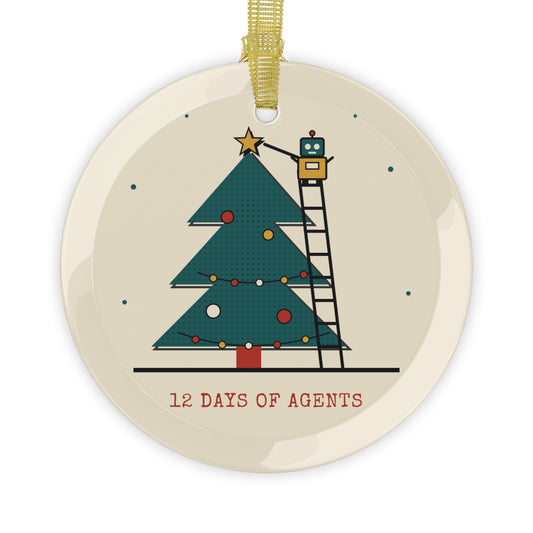 Robot Star glass Christmas ornament: a robot agent on a ladder placing the star on a tree, vintage screenprint style
