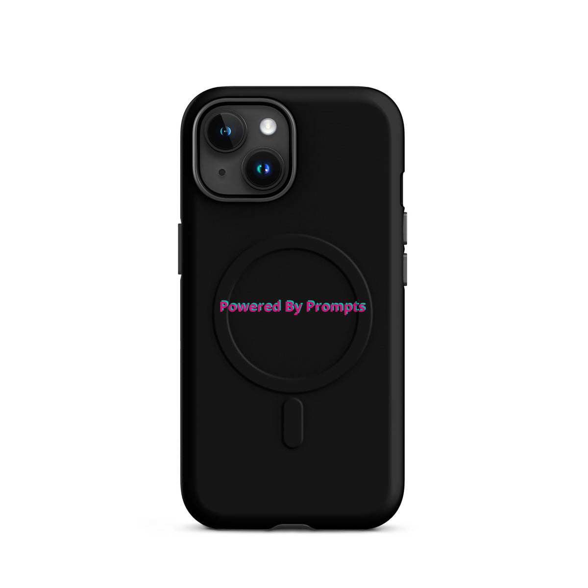 'Powered By Prompts' funny AI MagSafe tough phone case, iPhone 15