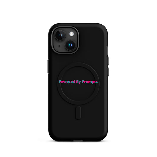 'Powered By Prompts' funny AI MagSafe tough phone case, iPhone 15