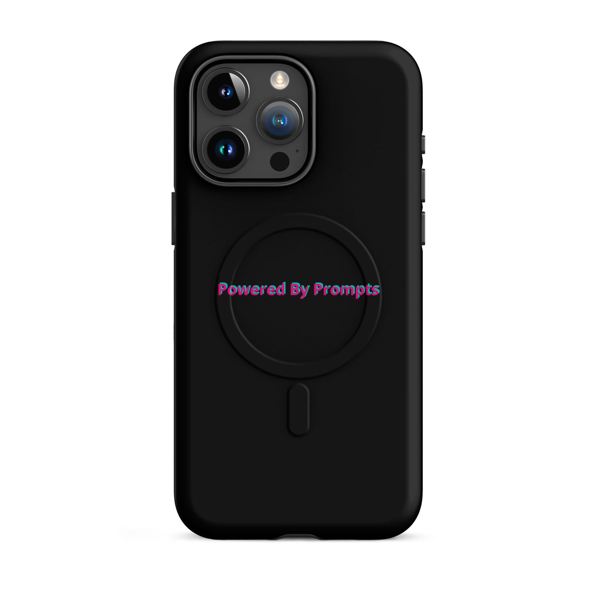 'Powered By Prompts' funny AI MagSafe tough phone case, iPhone 15 Pro Max