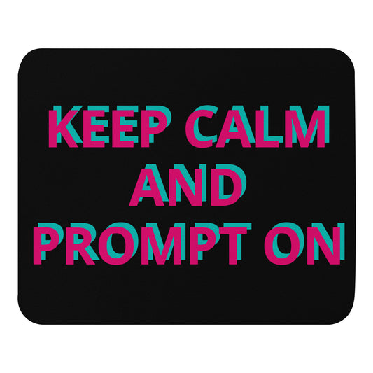 "Keep Calm and Prompt On" funny AI mouse pad, front view
