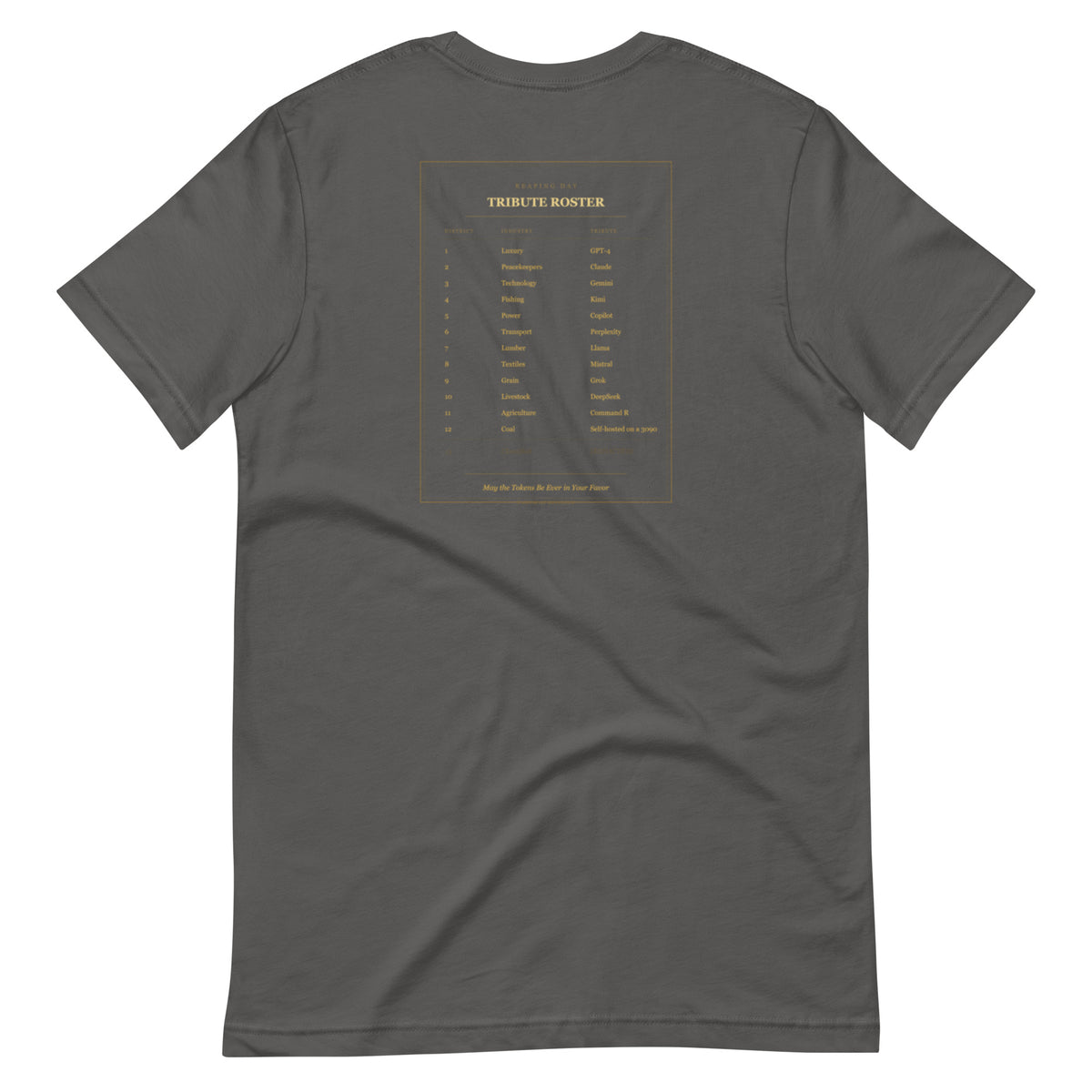 Ai Games Unisex t-shirt funny AI meme tee, Asphalt, back design - Tribute Roster graphic, funny AI gaming meme