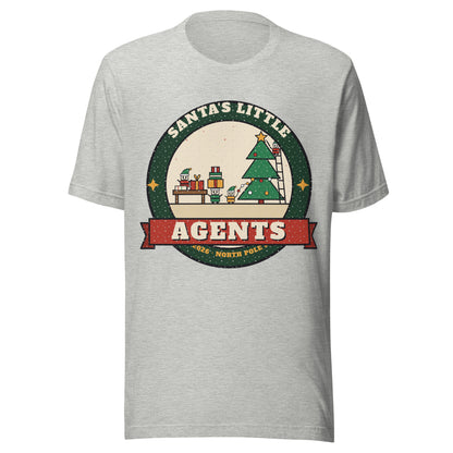 Santa's Little Agents vintage Christmas AI elves tee, athletic heather, front: robot agents wrapping presents in Santa's workshop badge