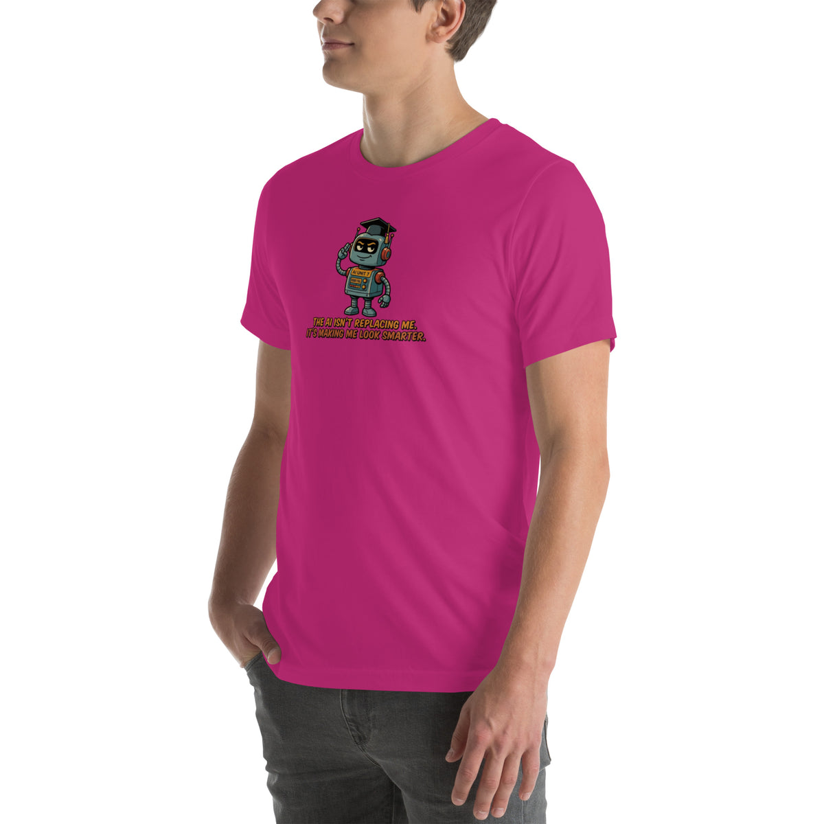 Ai Isn't Replacing Me Unisex t-shirt funny AI anxiety tee, Berry, left-front angle view