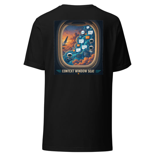 I Prefer a Context Window Seat AI t-shirt, black, back: airplane-window context poster with prompts and bots