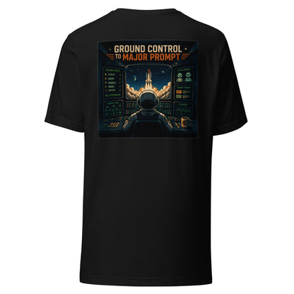 Ground Control to Major Prompt AI t-shirt, black, back: mission control scene with session status board