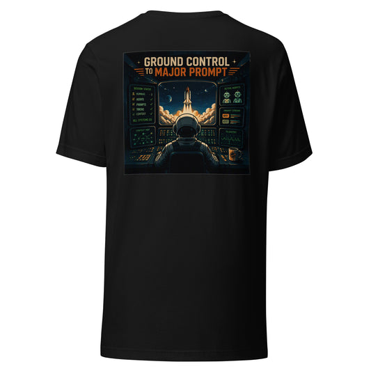 Ground Control to Major Prompt AI t-shirt, black, back: mission control scene with session status board