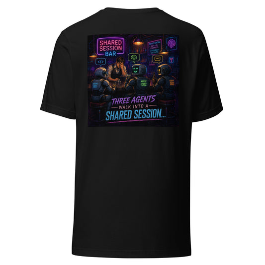 Three Agents Walk Into a Shared Session AI t-shirt, black, back: three robot agents at a bar with a facepalming bartender