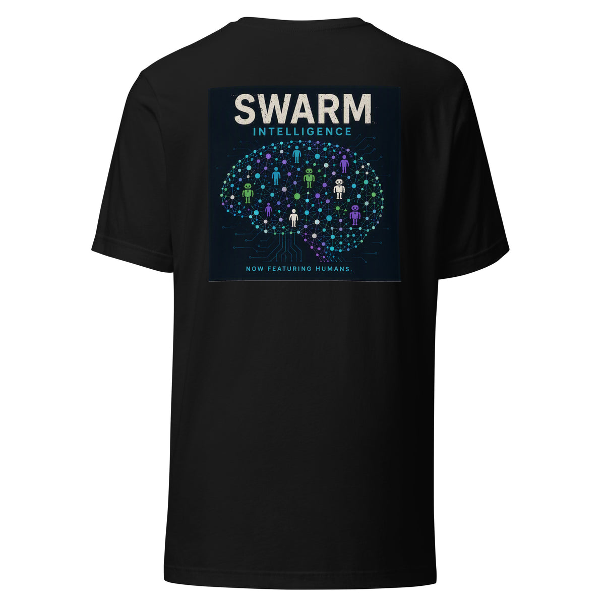 Swarm Intelligence AI t-shirt, black, back: brain network of humans and robots, Now Featuring Humans