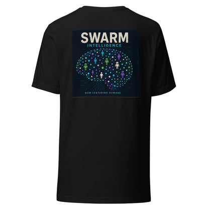 Swarm Intelligence AI t-shirt, black, back: brain network of humans and robots, Now Featuring Humans