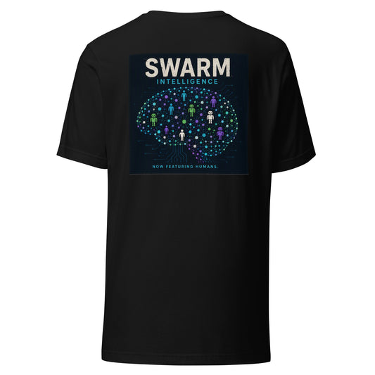 Swarm Intelligence AI t-shirt, black, back: brain network of humans and robots, Now Featuring Humans