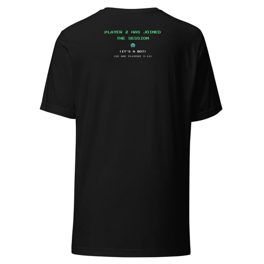 Player 2 Has Joined AI t-shirt, black, back: Player 2 has joined the session (it's a bot)