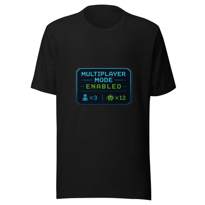 Multiplayer Mode Enabled AI t-shirt, black, front: pixel-art Humans x3 Bots x12 badge