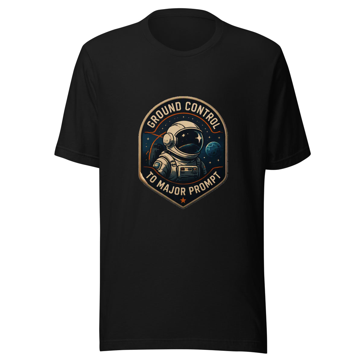 Ground Control to Major Prompt AI t-shirt, black, front: retro astronaut mission patch