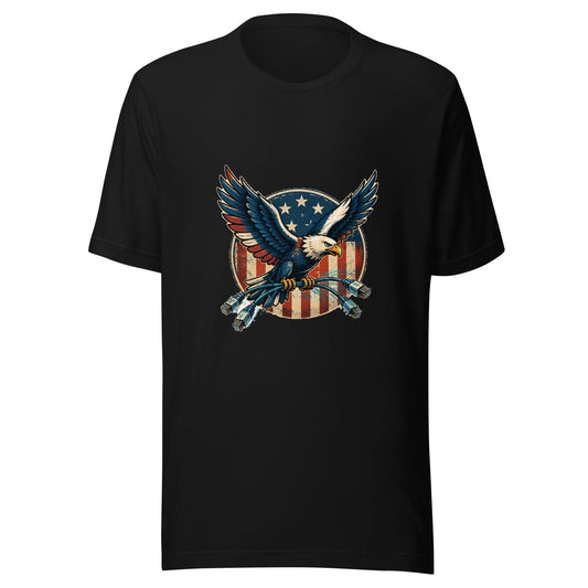 Shared Context for All AI t-shirt, black, front: patriotic eagle carrying network cables