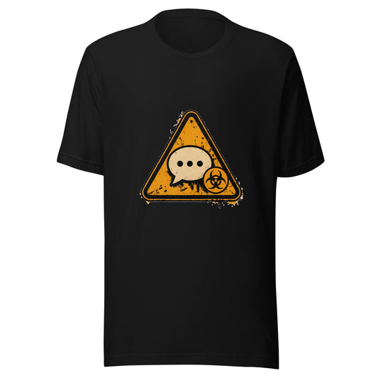 Don't Poison the Shared Context AI t-shirt, black, front: biohazard chat-bubble warning sign