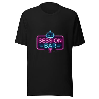 Three Agents Walk Into a Shared Session AI t-shirt, black, front: neon Session Bar sign