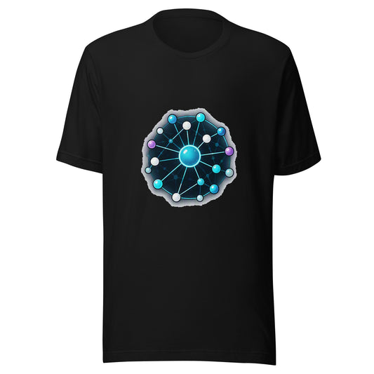 Swarm Intelligence AI t-shirt, black, front: glowing network node badge