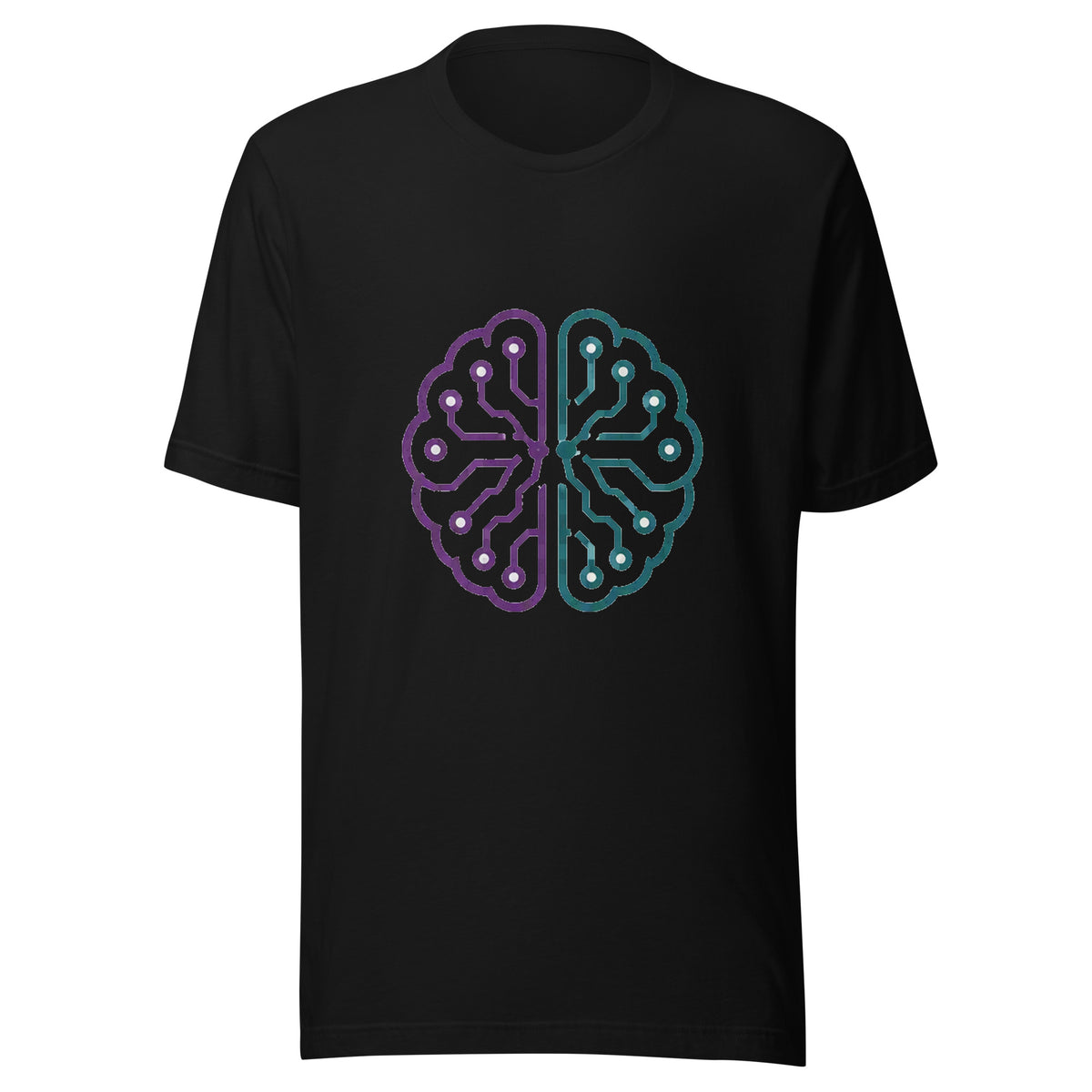 4 Humans 6 Bots 1 Shared Brain AI t-shirt, black, front: purple and teal circuit brain