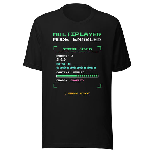 Player 2 Has Joined AI t-shirt, black, front: 8-bit Multiplayer Mode Enabled session status screen