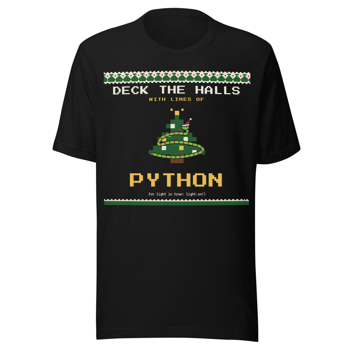 Deck the Halls with Lines of Python ugly Christmas sweater tee, black, front view