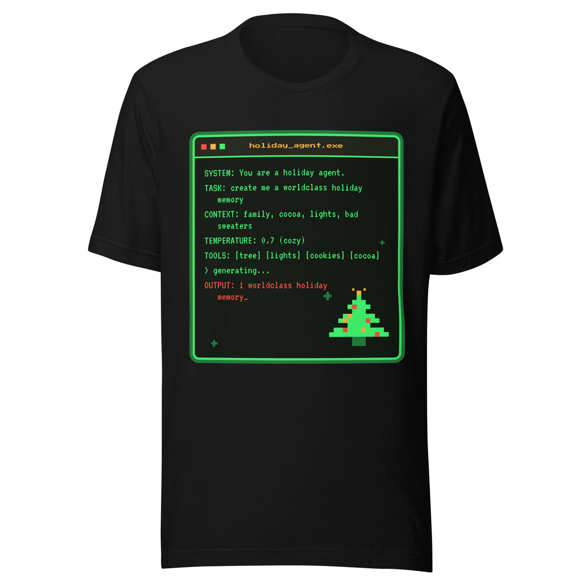 System Prompt retro terminal Christmas tee, black, front: holiday_agent.exe terminal window with pixel tree