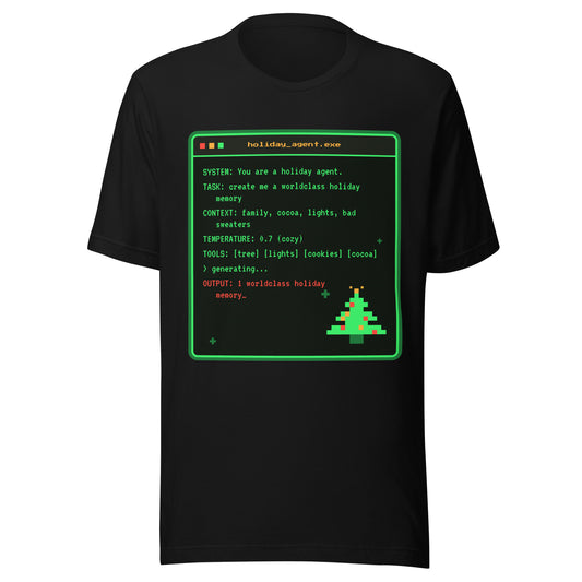 System Prompt retro terminal Christmas tee, black, front: holiday_agent.exe terminal window with pixel tree