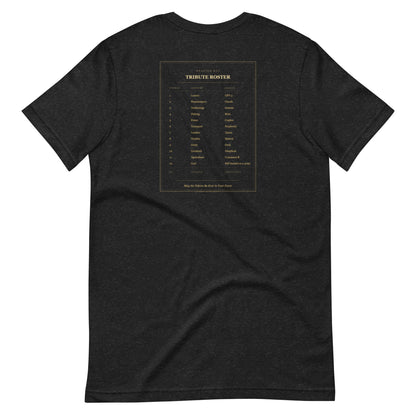 Ai Games Unisex t-shirt funny AI meme tee, Black Heather, back design - Tribute Roster graphic, funny AI gaming meme