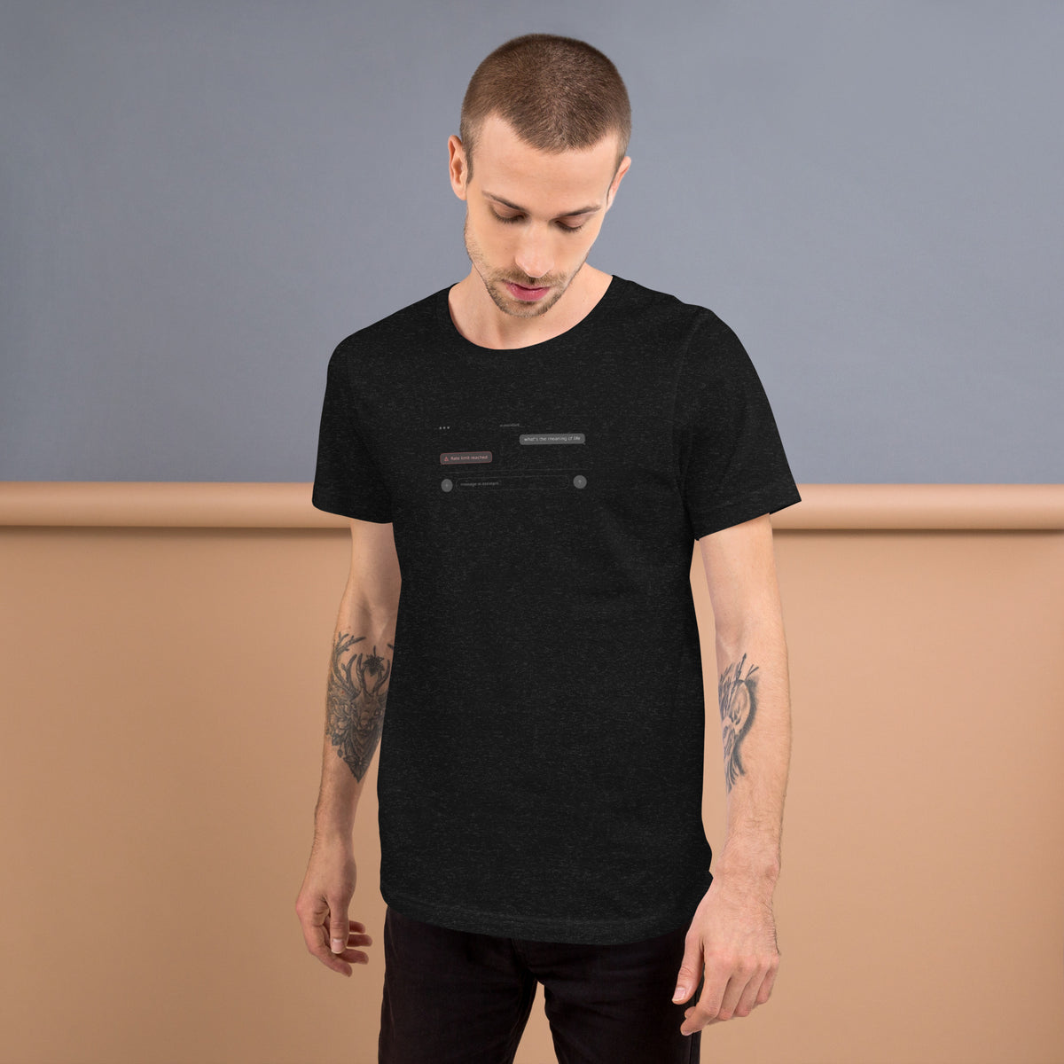 Ai Rate Limit Reached Unisex t-shirt funny AI tee for developers, Black Heather, front view