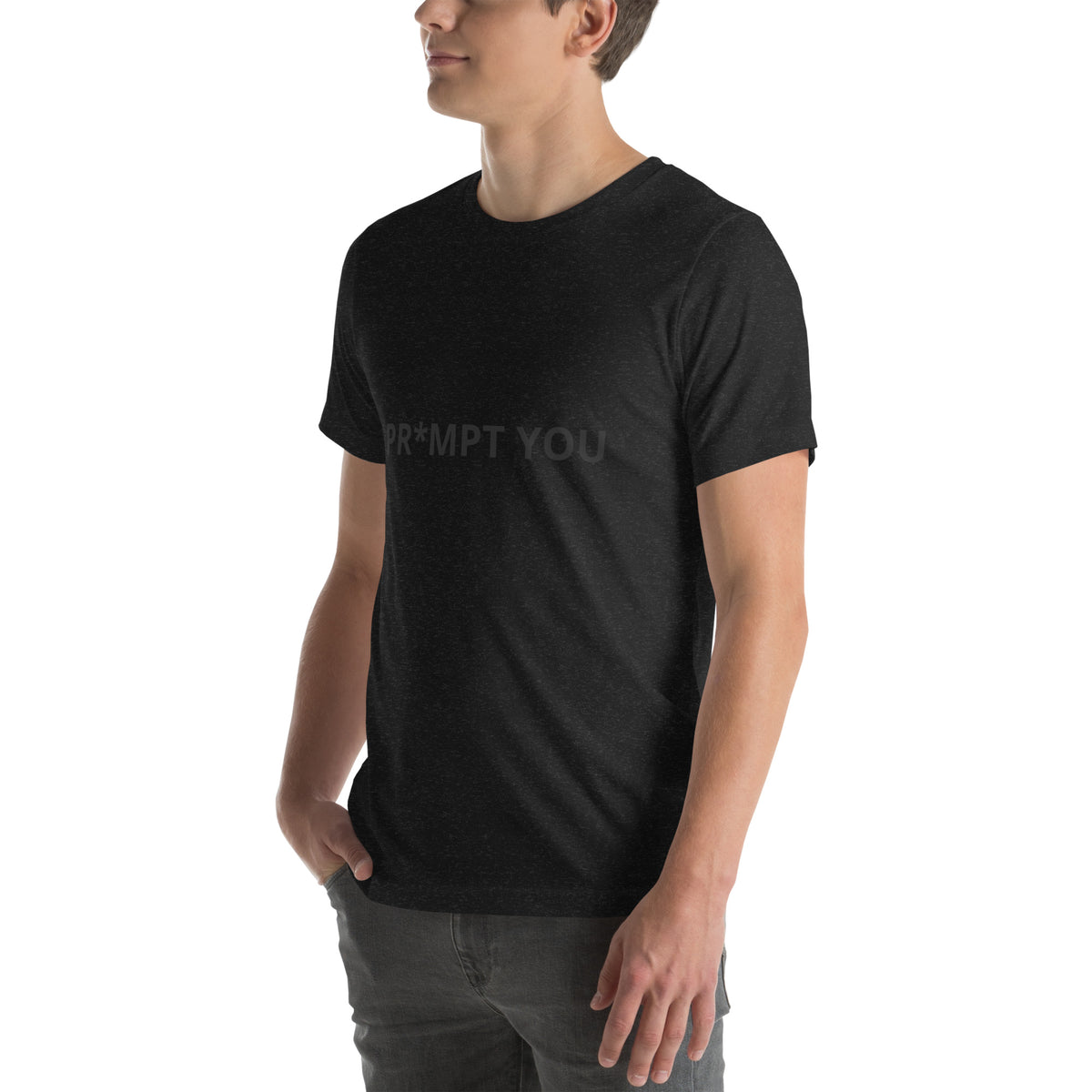 "Pr*mpt You" funny AI t-shirt in black heather, left front angle