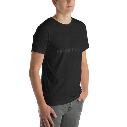 "Pr*mpt You" funny AI t-shirt in black heather, right front angle
