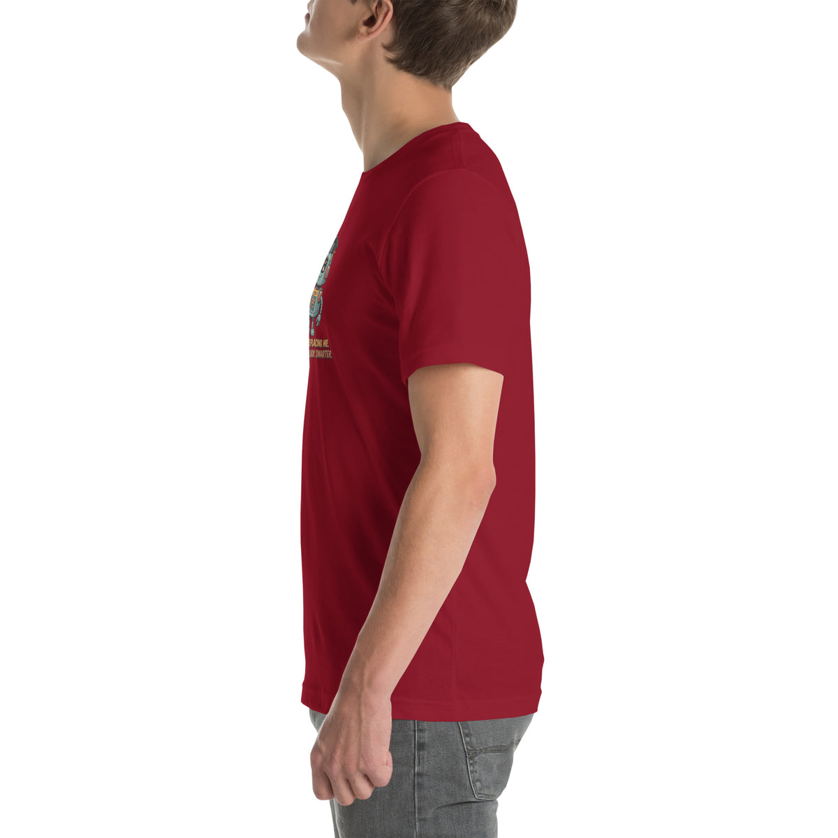 Ai Isn't Replacing Me Unisex t-shirt funny AI anxiety tee, Cardinal, left side view