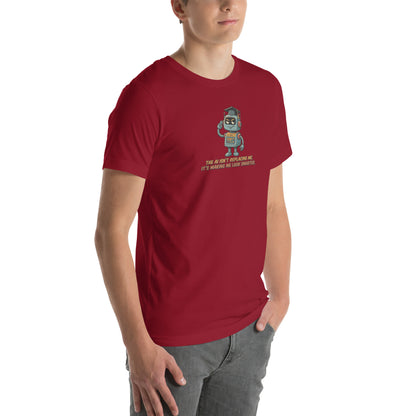 Ai Isn't Replacing Me Unisex t-shirt funny AI anxiety tee, Cardinal, right-front angle view