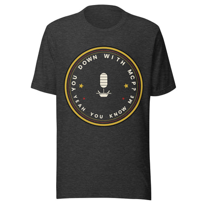 "You Down With MCP?" funny AI t-shirt in dark grey heather, front view