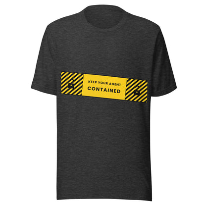 "Keep Your Agent Contained" funny AI t-shirt in dark grey heather, front view