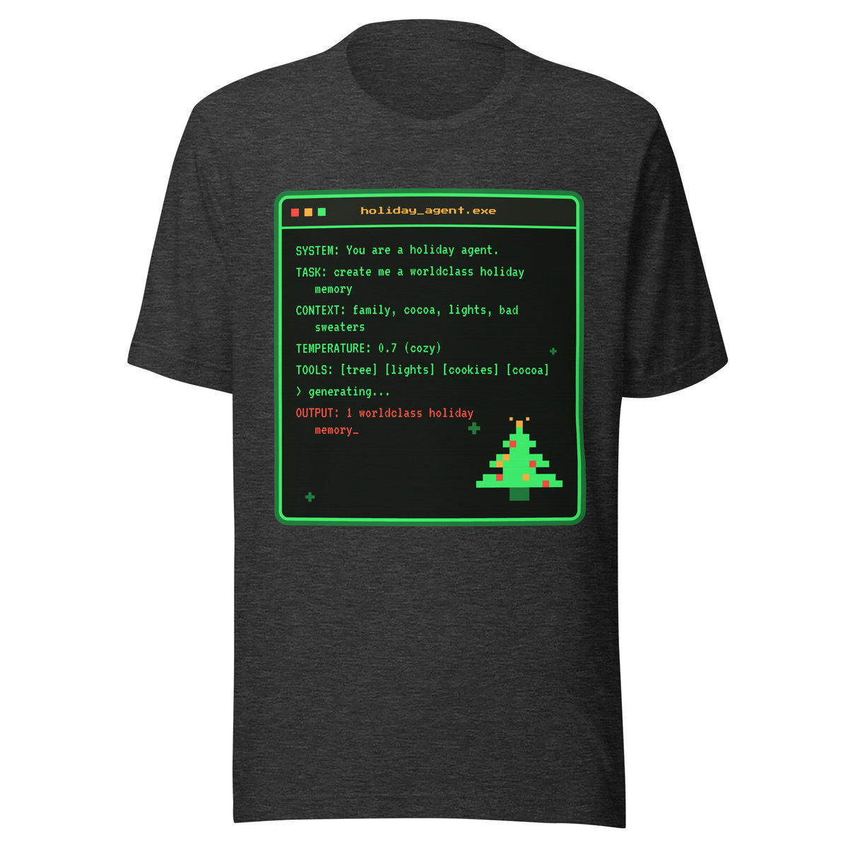 System Prompt retro terminal Christmas tee, dark grey heather, front: holiday_agent.exe terminal window with pixel tree