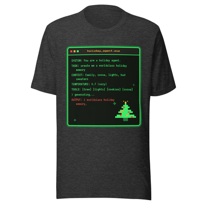 System Prompt retro terminal Christmas tee, dark grey heather, front: holiday_agent.exe terminal window with pixel tree
