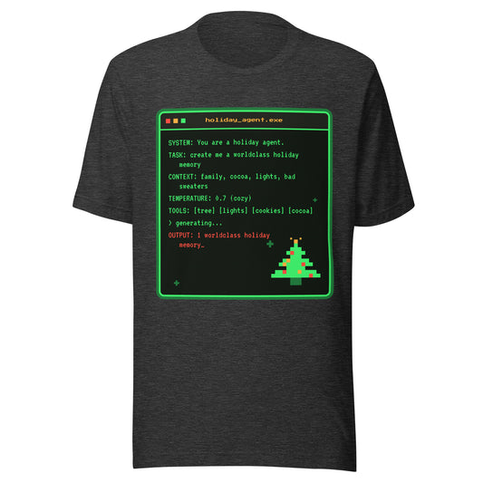 System Prompt retro terminal Christmas tee, dark grey heather, front: holiday_agent.exe terminal window with pixel tree