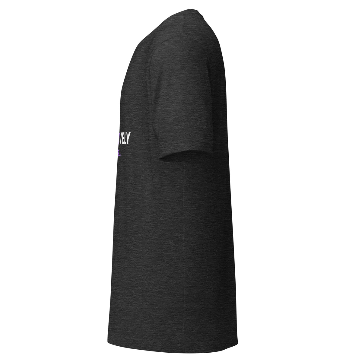 "Generatively Speaking..." funny AI t-shirt in dark grey heather, left side view