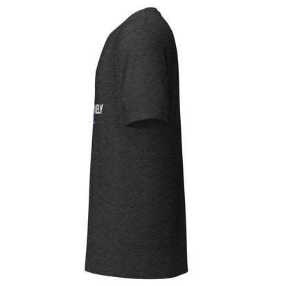 "Generatively Speaking..." funny AI t-shirt in dark grey heather, left side view